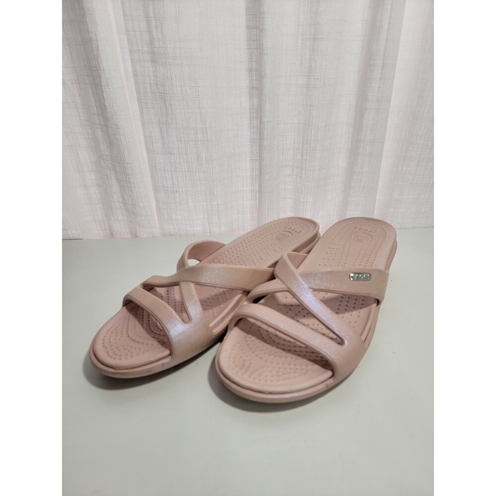 Crocs Pink Iridescent Cross Strap Strappy Wedge Slide Sandals Women's Size 7